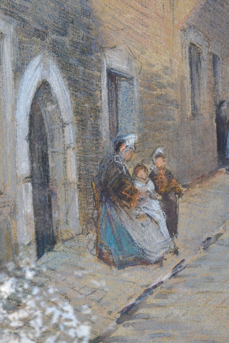 Louise Saint "rue Animée à "pont Labbé"" 1916 Pastel 34x38-photo-1